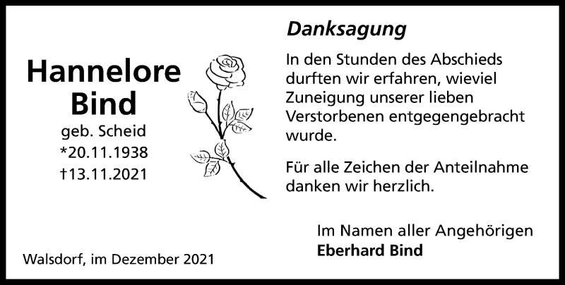  Traueranzeige für Hannelore Bind vom 30.12.2021 aus Camberger Anzeiger