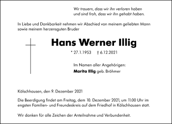 Traueranzeige von Hans Werner Illig von 201 Wetzlarer Neue Zeitung
