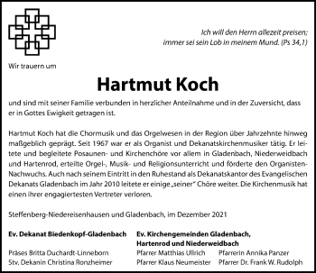 Traueranzeige von Hartmut Koch von Hinterländer Anzeiger