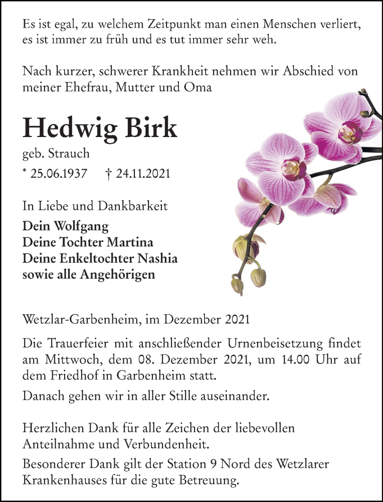 Traueranzeige für Hedwig Birk vom 03.12.2021 aus 201 Wetzlarer Neue Zeitung