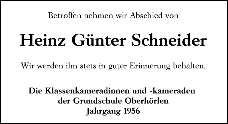  Traueranzeige für Heinz Günter Schneider vom 04.12.2021 aus 205 Hinterländer Anzeiger