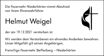 Traueranzeige von Helmut Weigel von 205 Hinterländer Anzeiger
