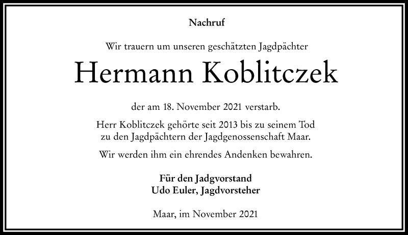  Traueranzeige für Hermann Koblitczek vom 02.12.2021 aus 562 Lauterbacher Anzeiger