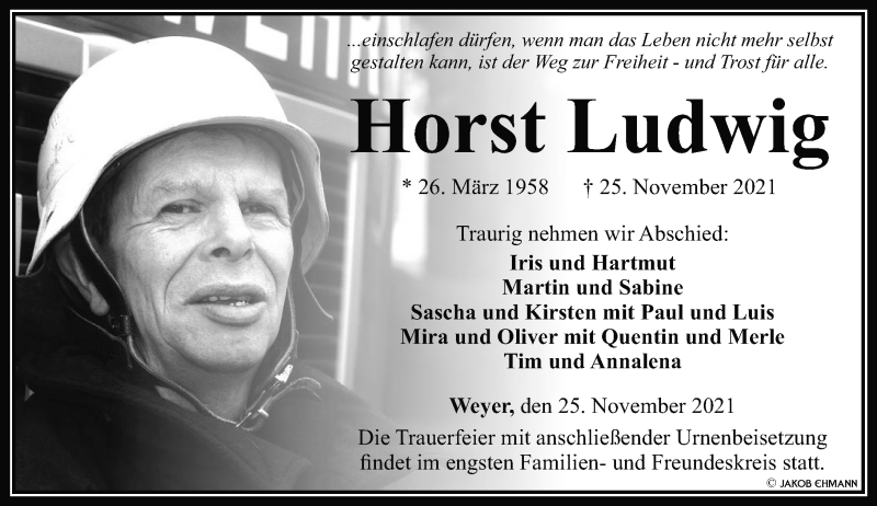  Traueranzeige für Horst Ludwig vom 02.12.2021 aus 582 Camberger Anzeiger