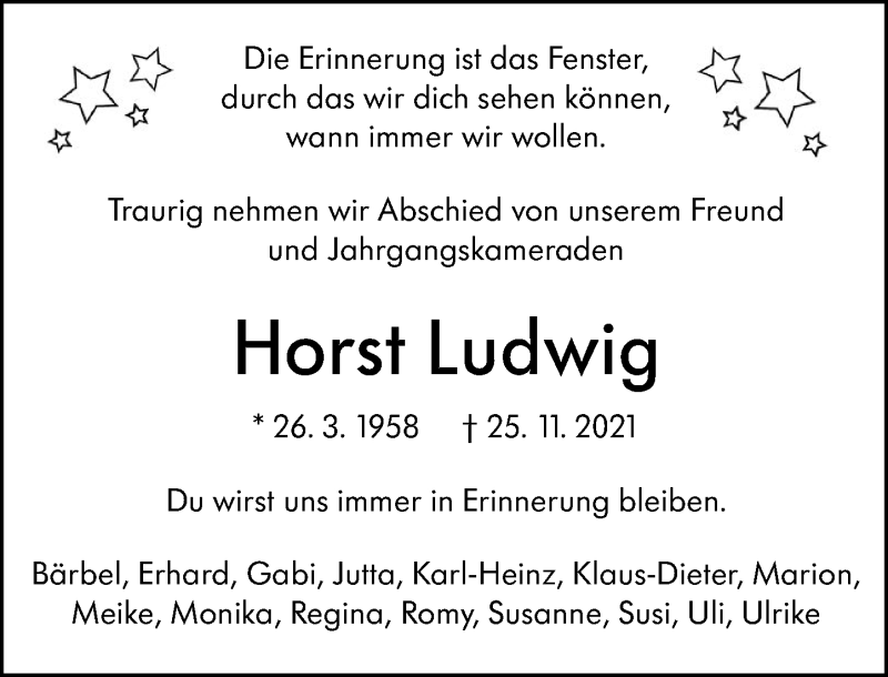  Traueranzeige für Horst Ludwig vom 09.12.2021 aus 582 Camberger Anzeiger