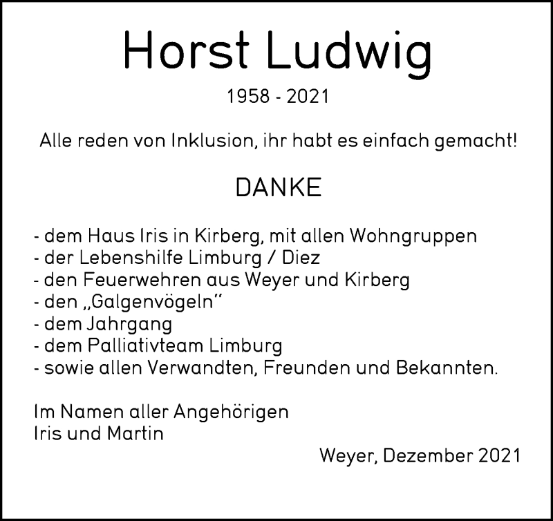  Traueranzeige für Horst Ludwig vom 16.12.2021 aus 582 Camberger Anzeiger