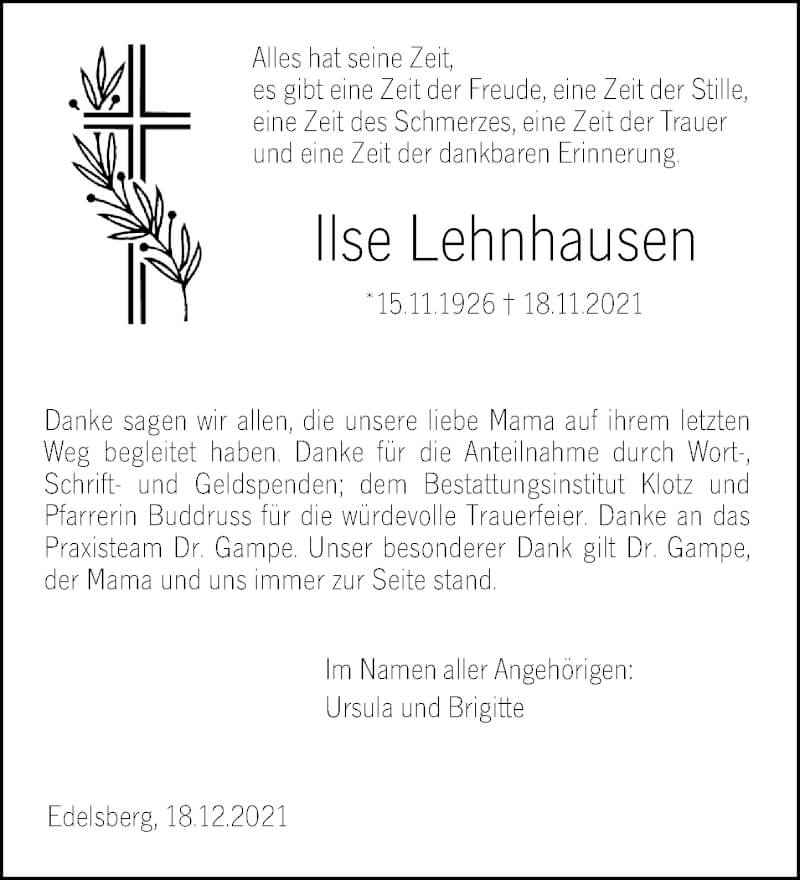  Traueranzeige für Ilse Lehnhausen vom 18.12.2021 aus 206 Weilburger Tageblatt