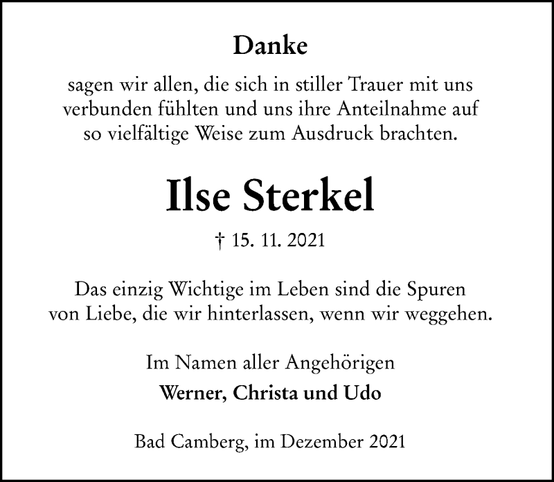  Traueranzeige für Ilse Sterkel vom 02.12.2021 aus 582 Camberger Anzeiger