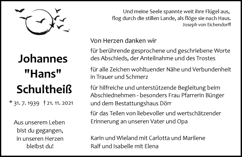  Traueranzeige für Johannes Schultheiß vom 11.12.2021 aus 201 Wetzlarer Neue Zeitung