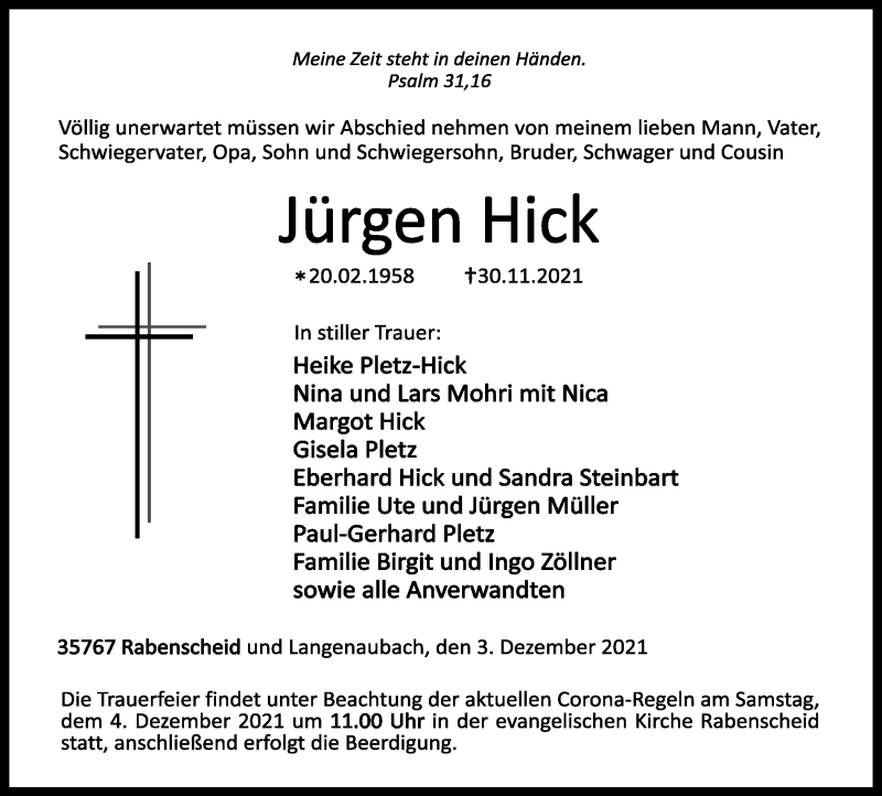  Traueranzeige für Jürgen Hick vom 03.12.2021 aus 202 Dill Block