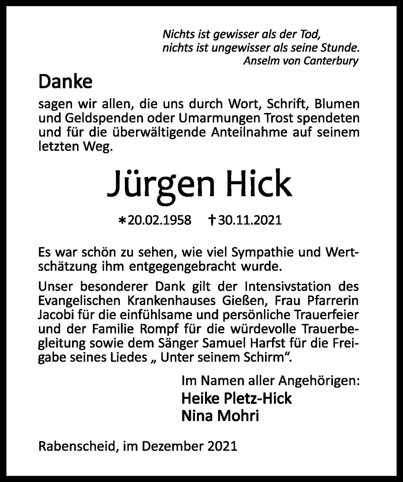  Traueranzeige für Jürgen Hick vom 30.12.2021 aus Dill Block