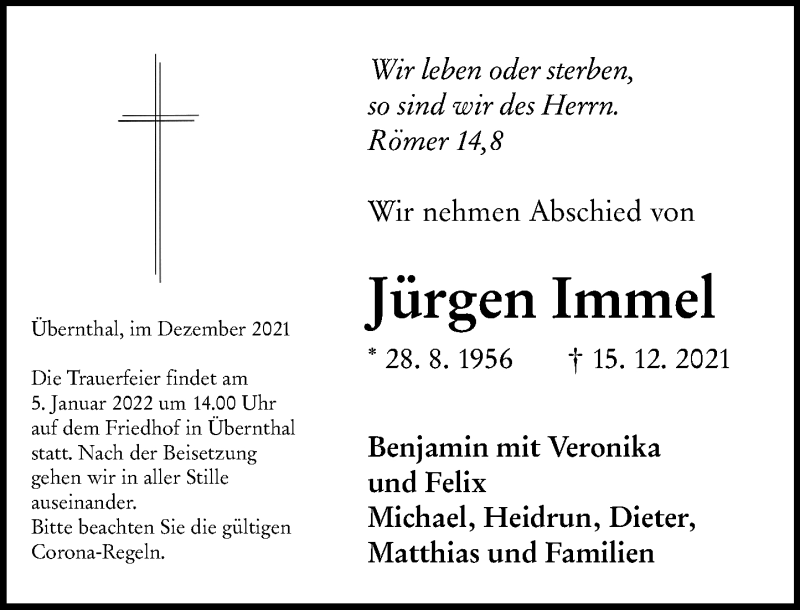  Traueranzeige für Jürgen Immel vom 31.12.2021 aus Dill Block