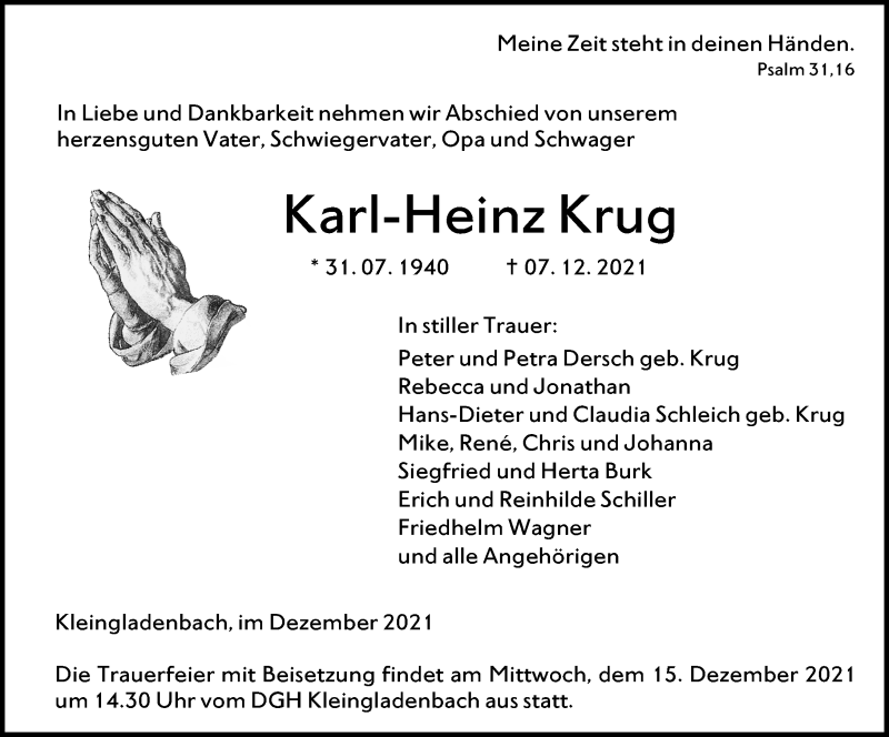  Traueranzeige für Karl-Heinz Krug vom 11.12.2021 aus 205 Hinterländer Anzeiger