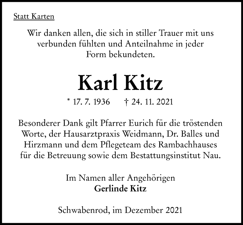  Traueranzeige für Karl Kitz vom 31.12.2021 aus Oberhessische Zeitung