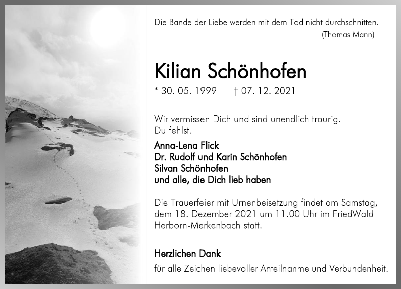  Traueranzeige für Kilian Schönhofen vom 16.12.2021 aus 202 Dill Block