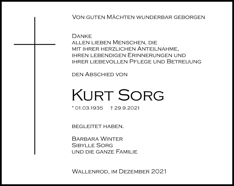  Traueranzeige für Kurt Sorg vom 04.12.2021 aus 562 Lauterbacher Anzeiger