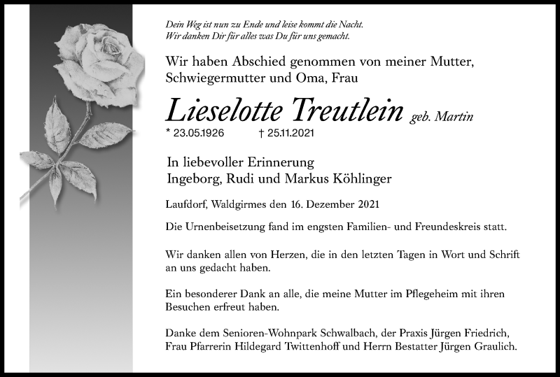  Traueranzeige für Lieselotte Treutlein vom 24.12.2021 aus 201 Wetzlarer Neue Zeitung