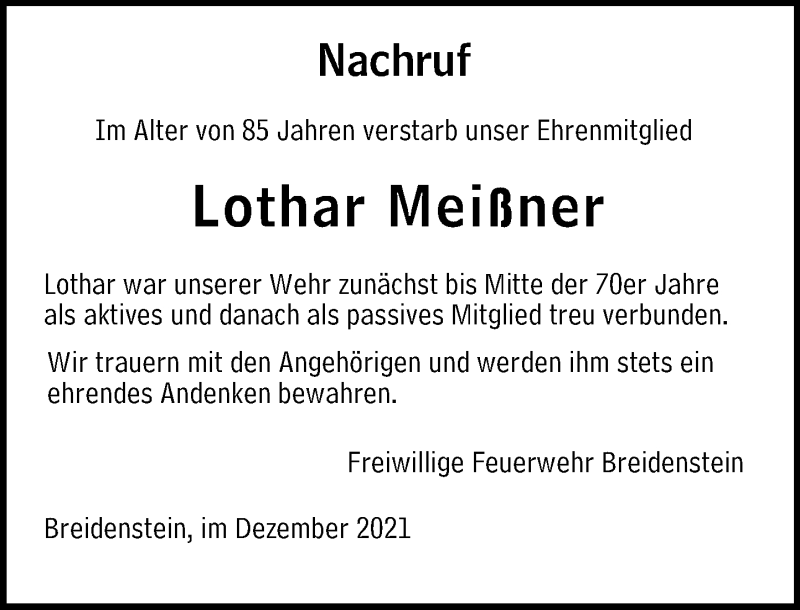  Traueranzeige für Lothar Meißner vom 08.12.2021 aus 205 Hinterländer Anzeiger