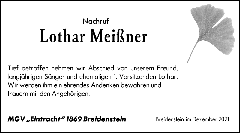  Traueranzeige für Lothar Meißner vom 02.12.2021 aus 205 Hinterländer Anzeiger