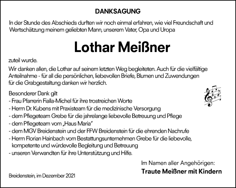  Traueranzeige für Lothar Meißner vom 30.12.2021 aus Hinterländer Anzeiger