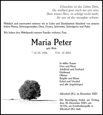 Traueranzeige von Maria Peter von 205 Hinterländer Anzeiger