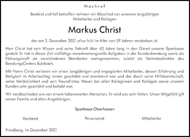  Traueranzeige für Markus Christ vom 18.12.2021 aus VRM Trauer