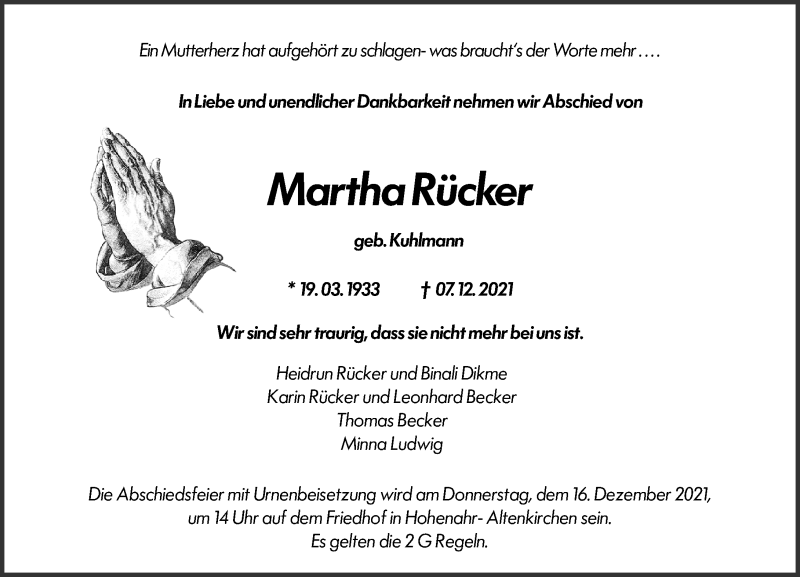  Traueranzeige für Martha Rücker vom 11.12.2021 aus 201 Wetzlarer Neue Zeitung