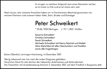 Traueranzeige von Peter Schweikert von 201 Wetzlarer Neue Zeitung