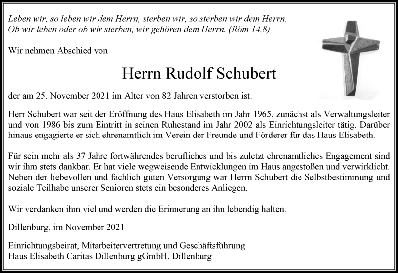  Traueranzeige für Rudolf Schubert vom 04.12.2021 aus 202 Dill Block
