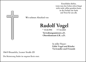 Traueranzeige von Rudolf Vogel von 201 Wetzlarer Neue Zeitung