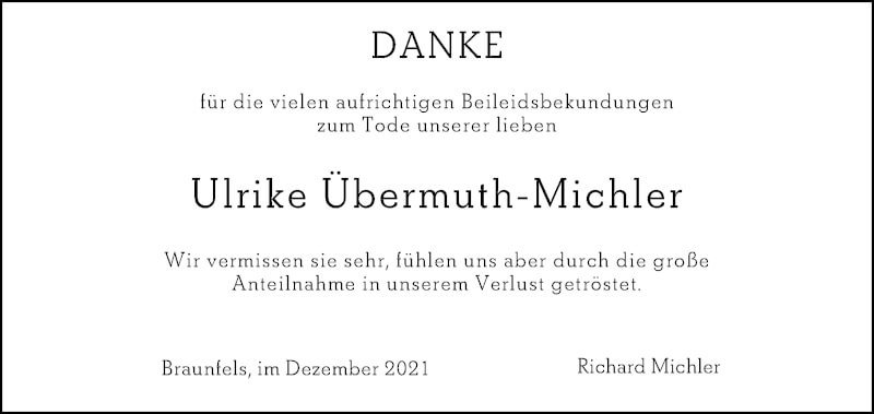  Traueranzeige für Ulrike Übermuth-Michler vom 18.12.2021 aus 201 Wetzlarer Neue Zeitung