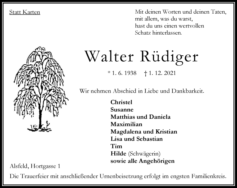  Traueranzeige für Walter Rüdiger vom 11.12.2021 aus 563 Oberhessische Zeitung