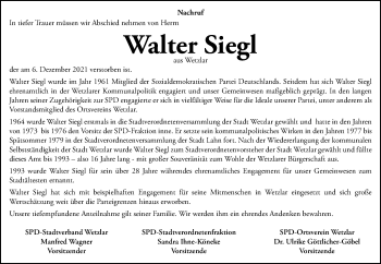 Traueranzeige von Walter Siegl von 201 Wetzlarer Neue Zeitung