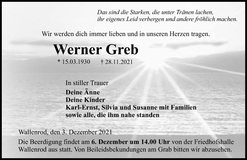  Traueranzeige für Werner Greb vom 03.12.2021 aus 562 Lauterbacher Anzeiger