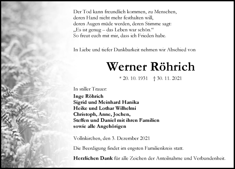  Traueranzeige für Werner Röhrich vom 03.12.2021 aus 201 Wetzlarer Neue Zeitung