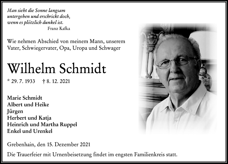  Traueranzeige für Wilhelm Schmidt vom 15.12.2021 aus 562 Lauterbacher Anzeiger