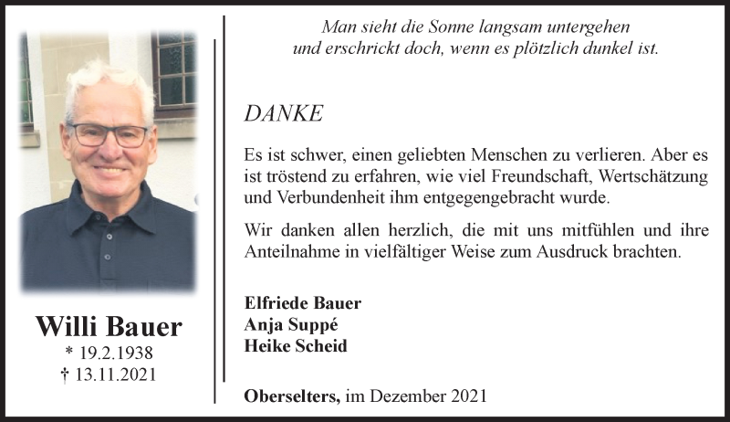  Traueranzeige für Willi Bauer vom 16.12.2021 aus 582 Camberger Anzeiger