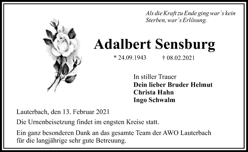  Traueranzeige für Adalbert Sensburg vom 13.02.2021 aus 562 Lauterbacher Anzeiger