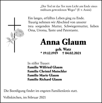 Traueranzeige von Anna Glaum von 201 Wetzlarer Neue Zeitung