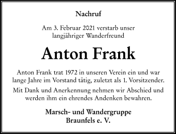 Traueranzeige von Anton Frank von 201 Wetzlarer Neue Zeitung
