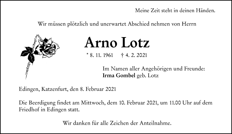  Traueranzeige für Arno Lotz vom 08.02.2021 aus 202 Dill Block