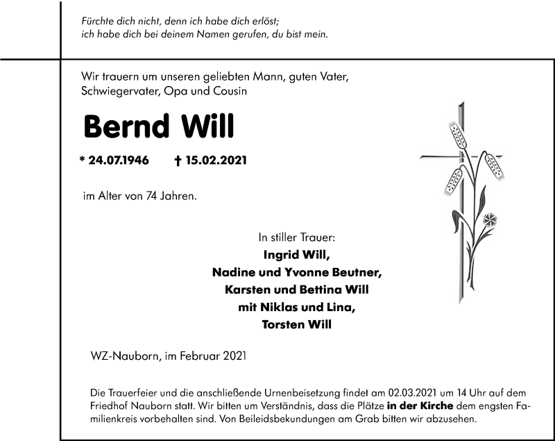  Traueranzeige für Bernd Will vom 26.02.2021 aus 201 Wetzlarer Neue Zeitung