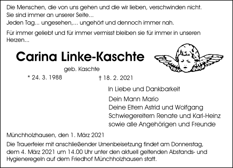  Traueranzeige für Carina Linke-Kaschte vom 01.03.2021 aus 201 Wetzlarer Neue Zeitung