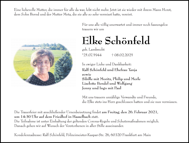  Traueranzeige für Elke Schönfeld vom 20.02.2021 aus 206 Weilburger Tageblatt