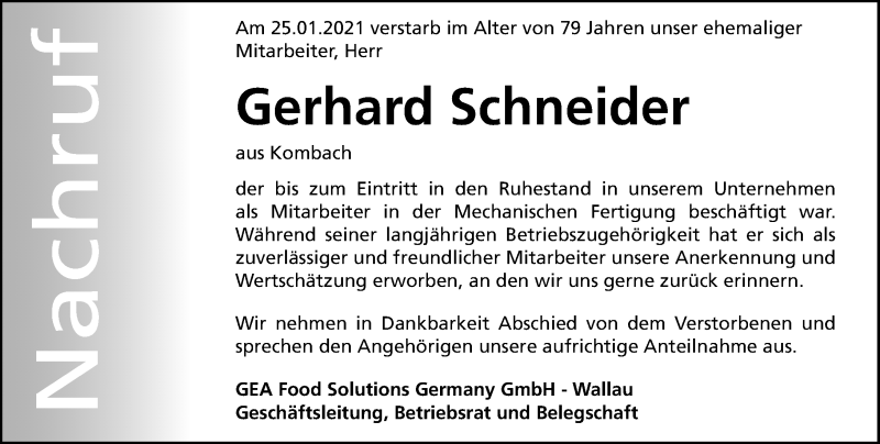  Traueranzeige für Gerhard Schneider vom 03.02.2021 aus 205 Hinterländer Anzeiger