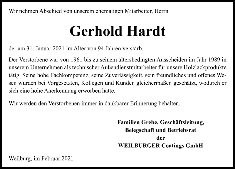 Traueranzeigen von Gerhold Hardt | www.vrm-trauer.de