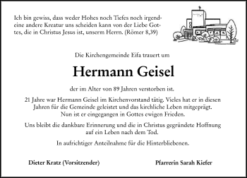 Traueranzeige von Hermann Geisel von 563 Oberhessische Zeitung