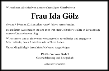 Traueranzeige von Ida Gölz von 201 Wetzlarer Neue Zeitung
