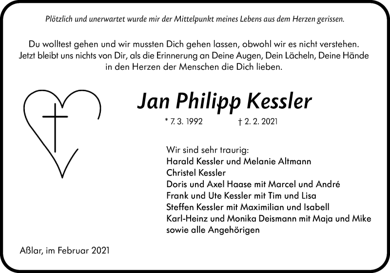  Traueranzeige für Jan Philipp Kessler vom 13.02.2021 aus 201 Wetzlarer Neue Zeitung