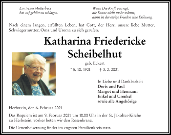 Traueranzeige von Katharina Friedericke Scheibelhut von 562 Lauterbacher Anzeiger